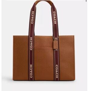 Coach Tan Leather Tote with Burgundy Logo Straps